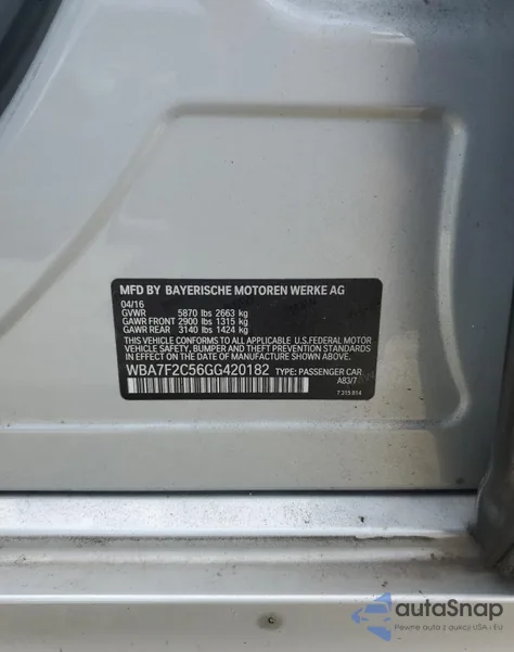 2016 BMW 750 Xi z USA, uszkodzony, nr VIN WBA7F2C56GG420182